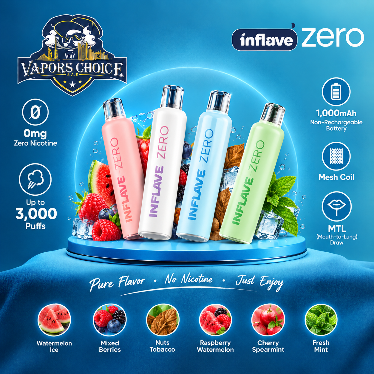 Inflave Zero Nicotine 3000 Puffs Disposable - Non-Rechargeable Battery & UAE & Abu Dhabi*Fujairah*Ras Al Khaimah*Umm Al Quwain*Ajman*Sharjah*Dubai
