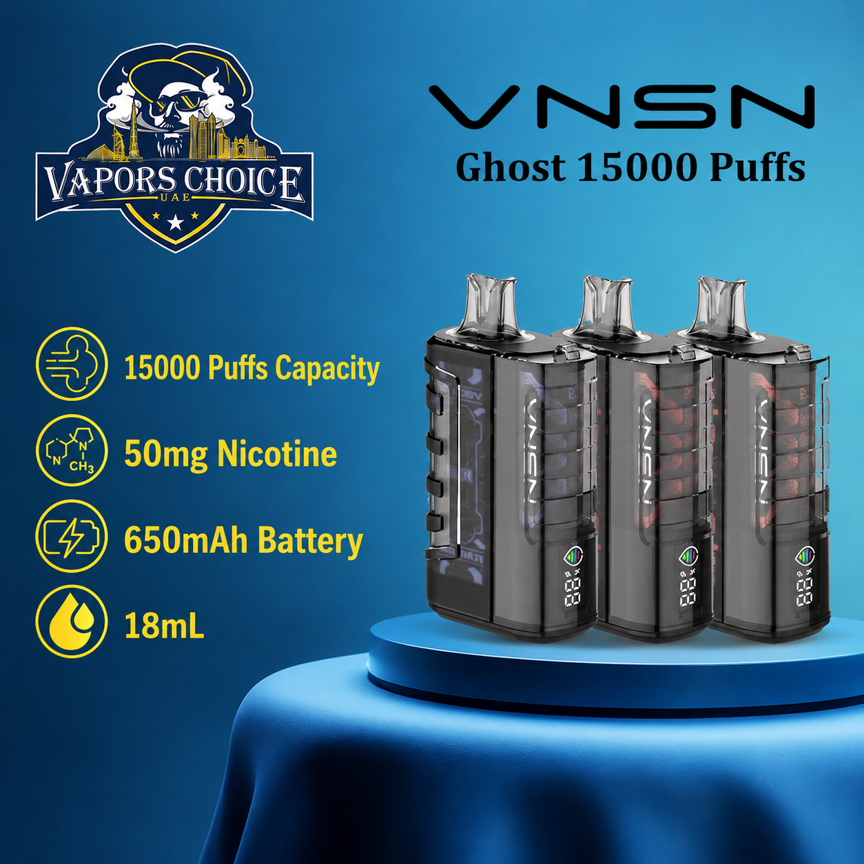 VNSN Ghost (50mg) 15000 PUFFS DISPOSABLE VAPE & Abu Dhabi 