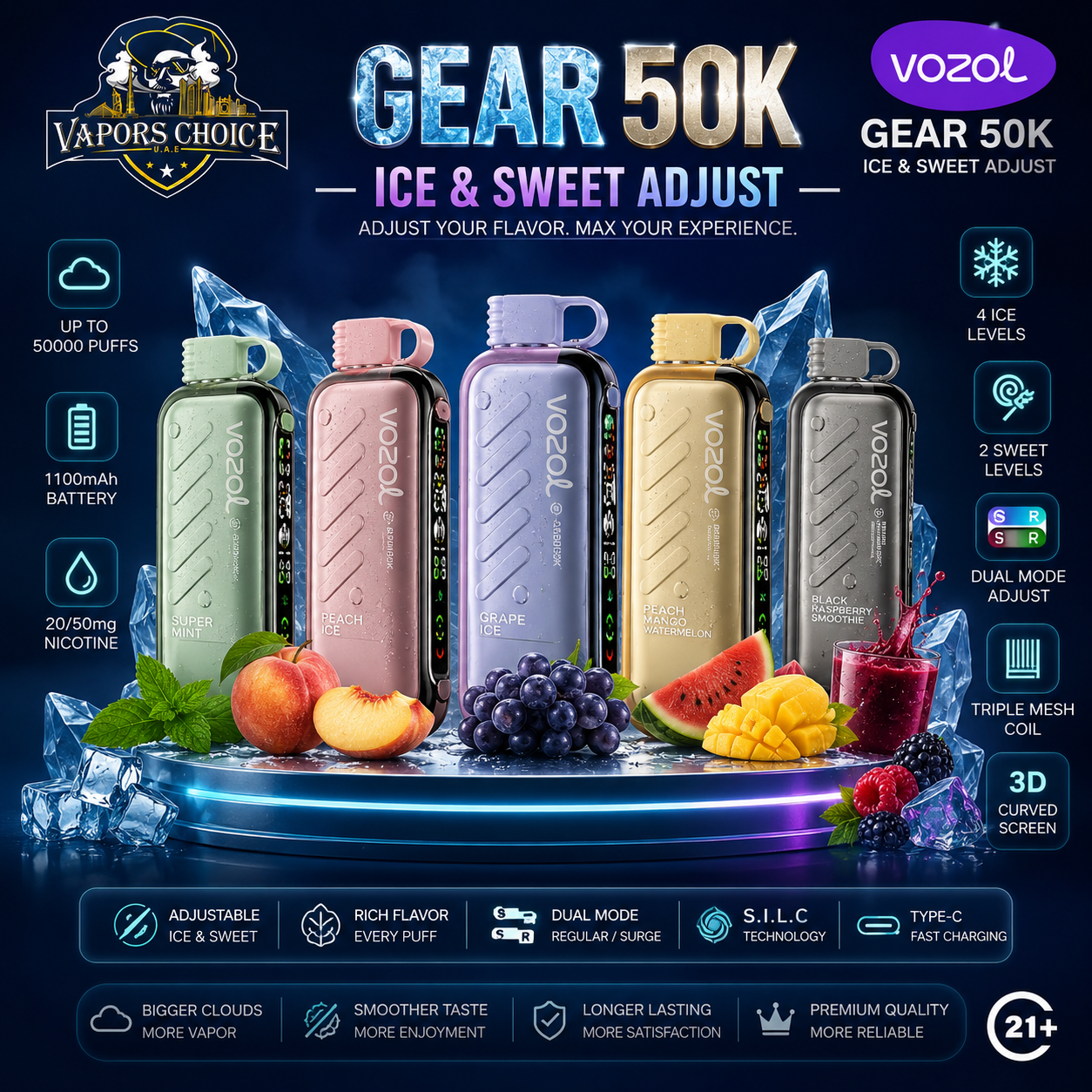 VOZOL Gear 50K Ice & Sweet Adjust 50K Puffs Disposable Vape (50mg) & UAE & Abu Dhabi*Fujairah* Ras Al Khaimah*Umm Al Quwain*Ajman*Sharjah*Dubai