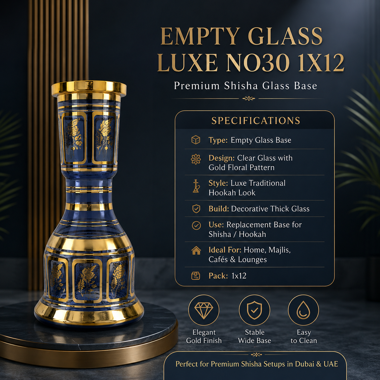 EMPTY GLASS LUXE NO30 – Premium Gold Decorative Shisha Glass Base & UAE & Ajman &  Umm Al Quwain 