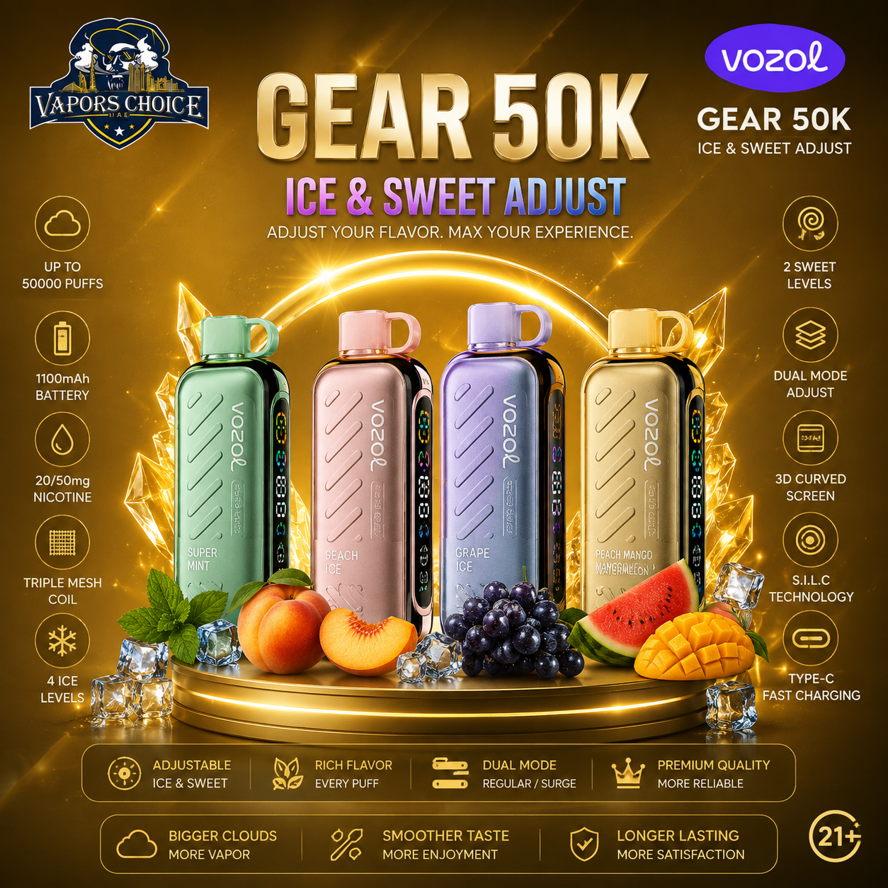 VOZOL Gear 50K Ice & Sweet Adjust 50K Puffs Disposable Vape (50mg) & UAE & Abu Dhabi*Dubai*Sharjah*Ajman*Umm Al Quwain*Ras Al Khaimah*Fujairah