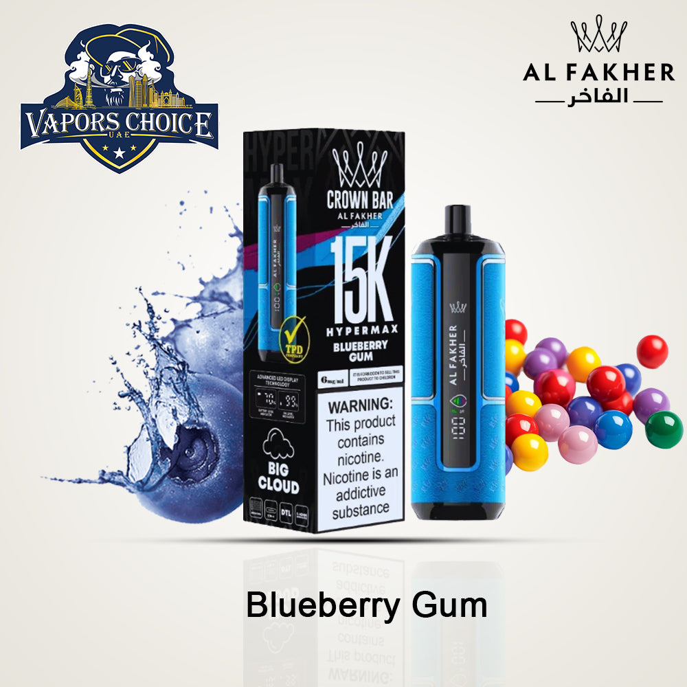 Al Fakher Crown Bar (6mg) HYPERMAX 15000 Puffs DLT Shisha Disposable Vape Blueberry Gum UAE Abu Dhabi & Dubai