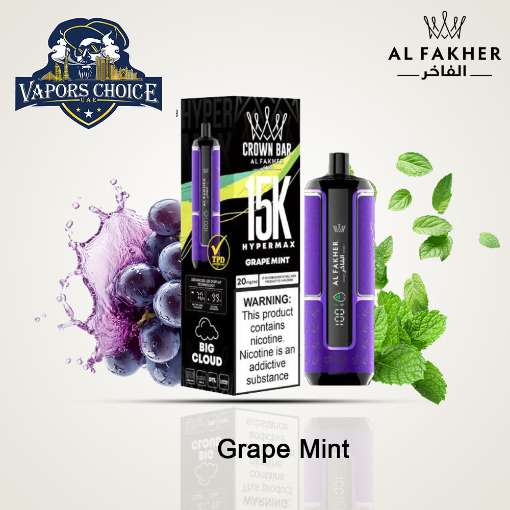 Al Fakher Crown Bar (6mg) HYPERMAX 15000 Puffs DLT Shisha Disposable Vape Grape Mint UAE Abu Dhabi