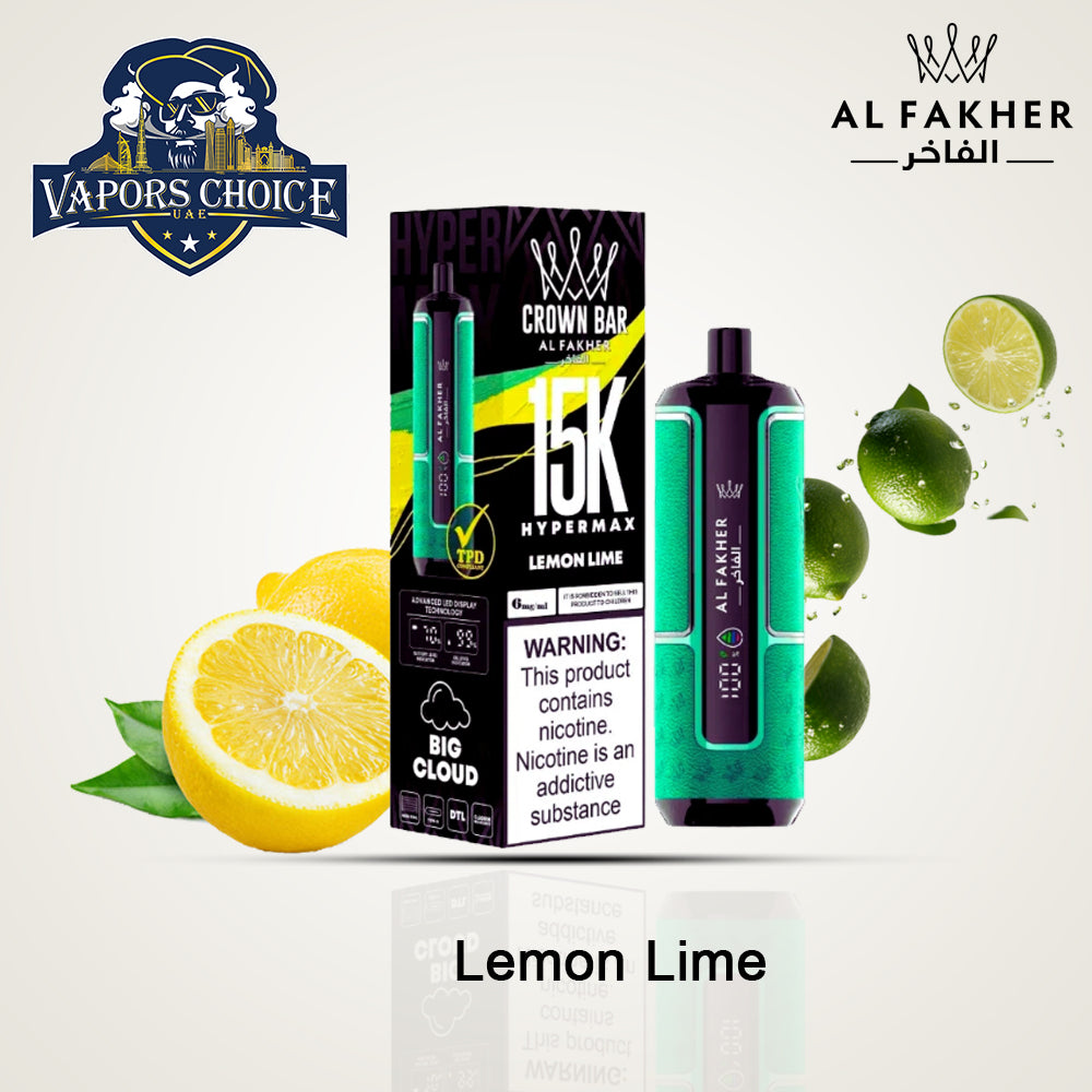 Al Fakher Crown Bar (6mg) HYPERMAX 15000 Puffs DLT Shisha Disposable Vape Lemon Lime UAE Abu Dhabi