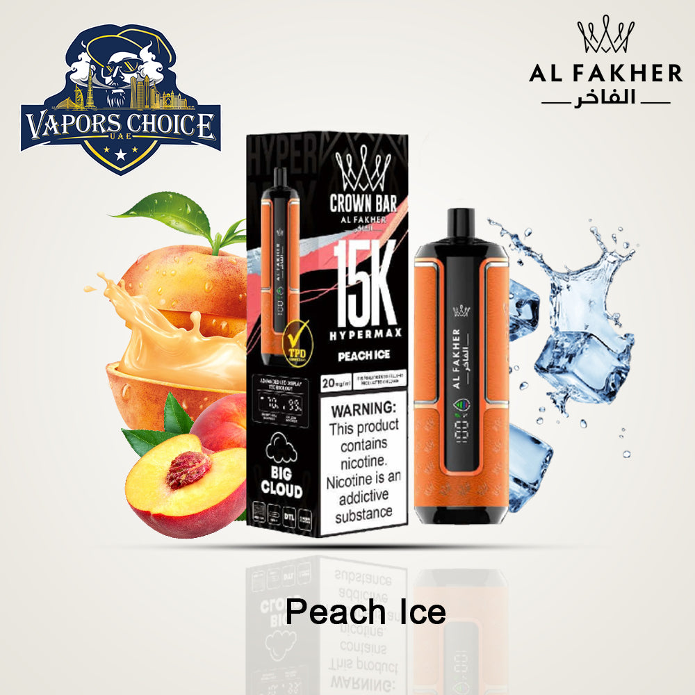 Al Fakher Crown Bar (6mg) HYPERMAX 15000 Puffs DLT Shisha Disposable Vape Peach Ice UAE Ajman