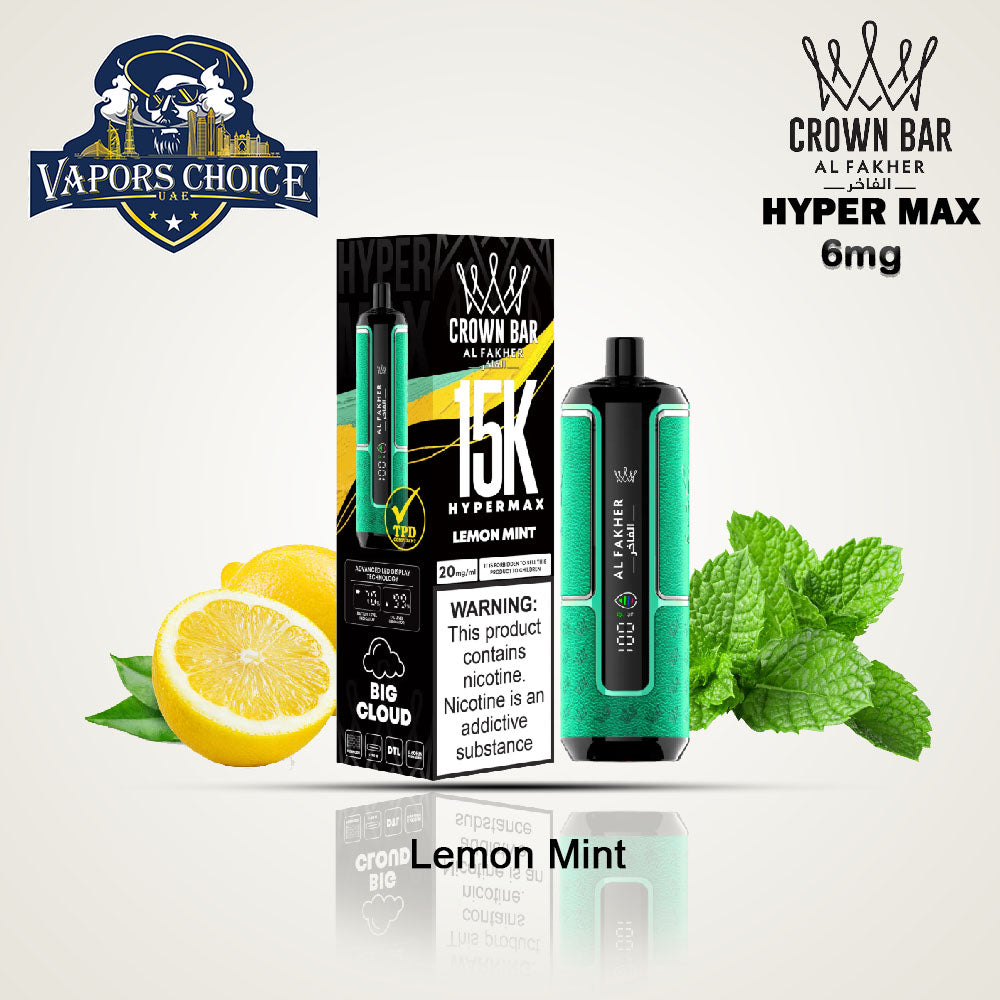 Al Fakher Crown Bar Sound (6mg) HYPER MAX 15000 Puffs DLT Shisha Disposable Vape Lemon Mint UAE Ajman