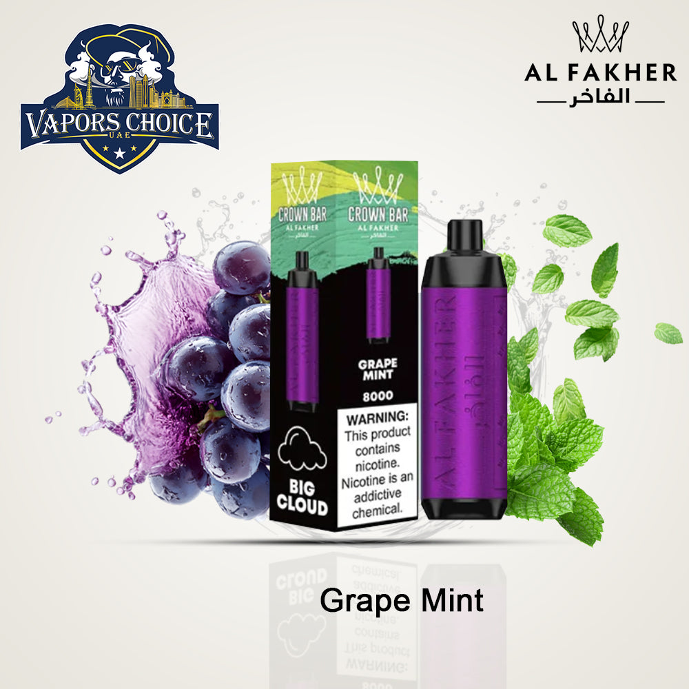 Al Fakher Shisha Crown Bar (5mg) 8000 PUFFS - DISPOSABLE VAPE Grape Mint UAE Abu Dhabi 