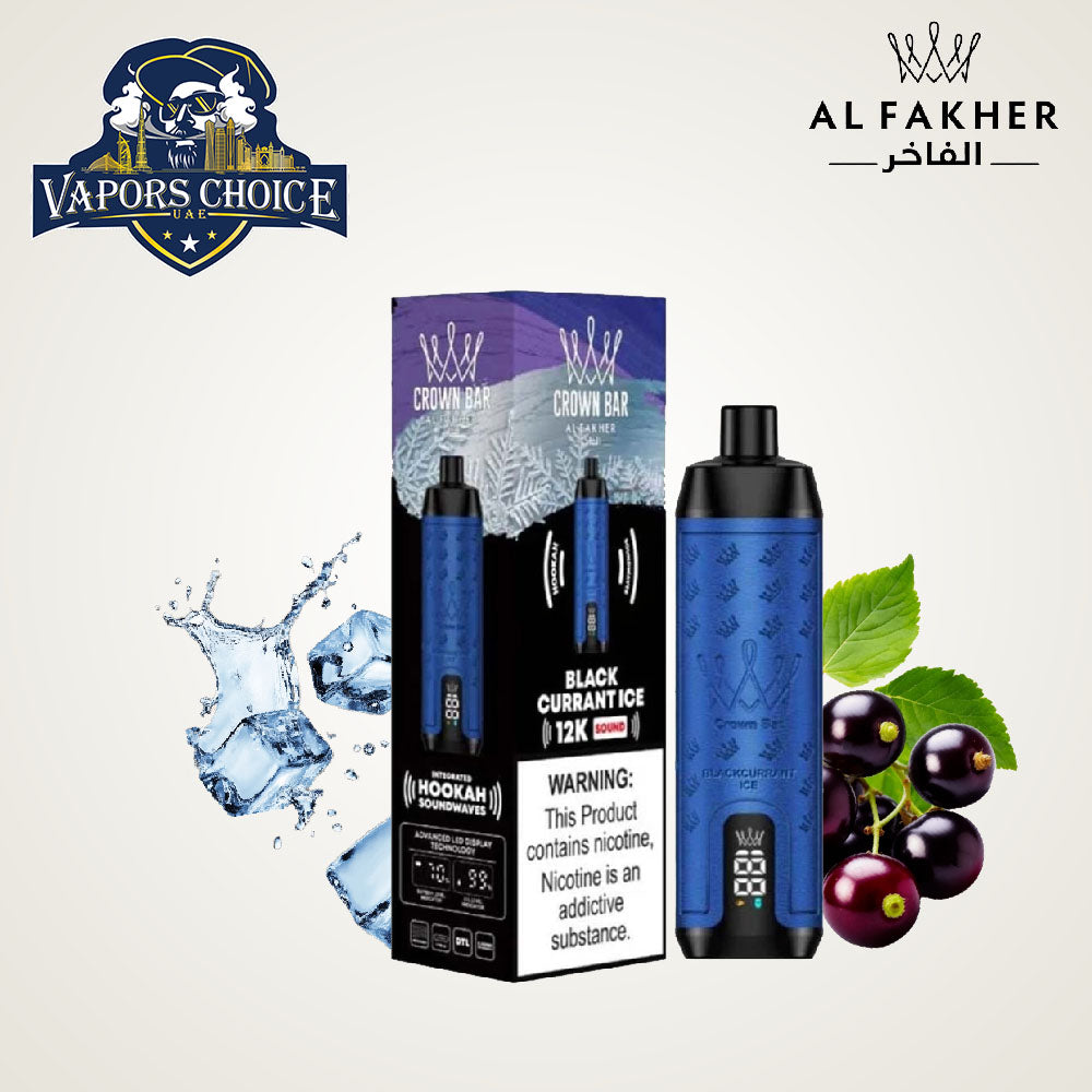 Al Fakher Crown Bar Sound (5mg) 12000 Puffs DLT Shisha Disposable Vape Blaack Currant Ice UAE Dubai 