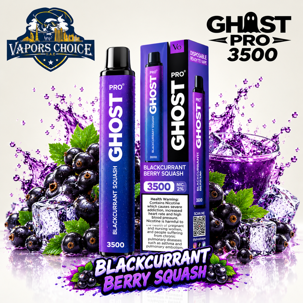 GHOST PRO 3500 PUFFS - DISPOSABLE VAPE (20mg) & Blackcurrant Berry Squash & UAE & Dubai