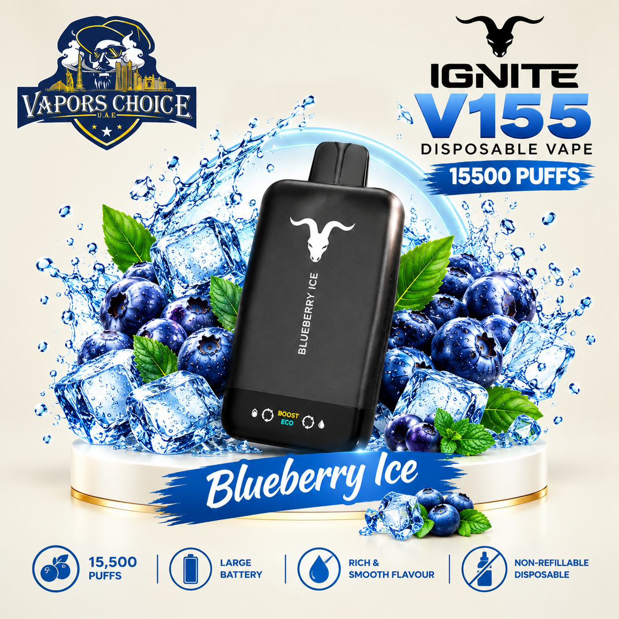 IGNITE V155 Disposable Vape 15500 PUFFS & Blueberry Ice & UAE & Dubai: