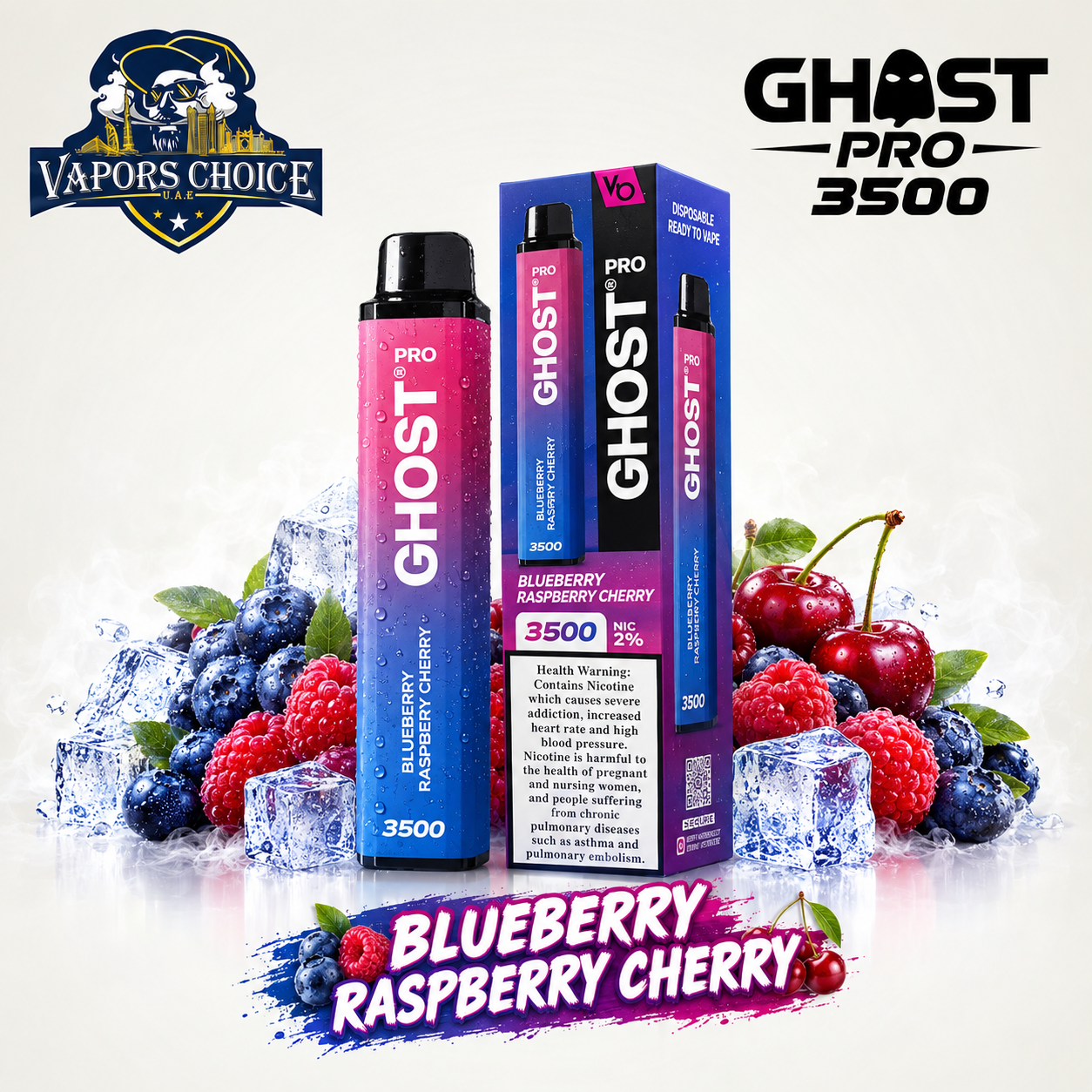 GHOST PRO 3500 PUFFS - DISPOSABLE VAPE (20mg) & Blueberry Raspberry Cherry & UAE & Ajman