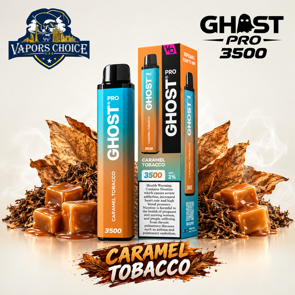 GHOST PRO 3500 PUFFS - DISPOSABLE VAPE (20mg) & Caramel Tobacco & UAE & Umm Al Quwain