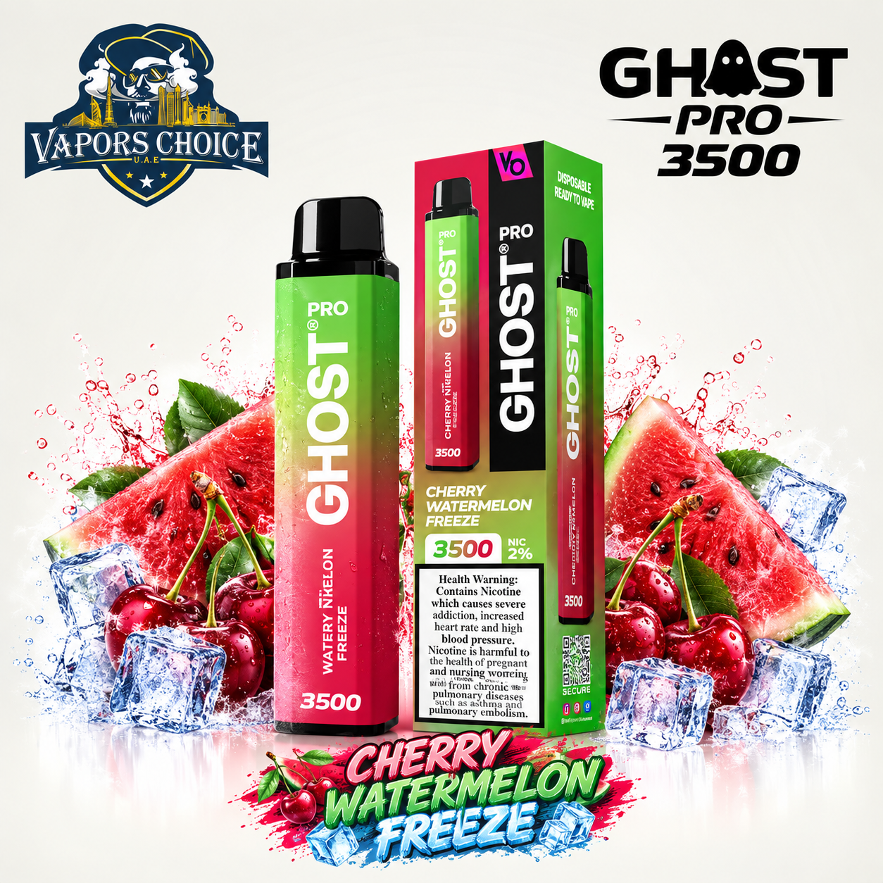 GHOST PRO 3500 PUFFS - DISPOSABLE VAPE (20mg) Cherry Watermelon Freeze & UAE & Sharjah