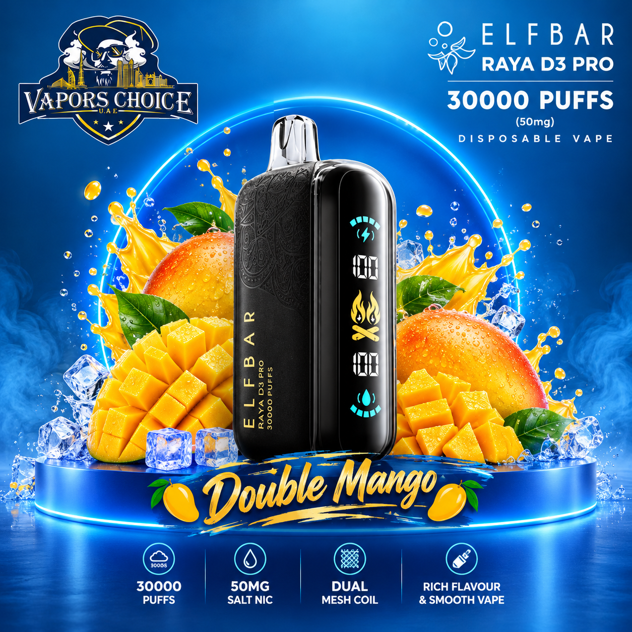 ELF BAR RAYA D3 PRO 30000 Puffs Disposable Vape -30K-(50mg) & Double Mango & UAE &  Ras Al Khaimah