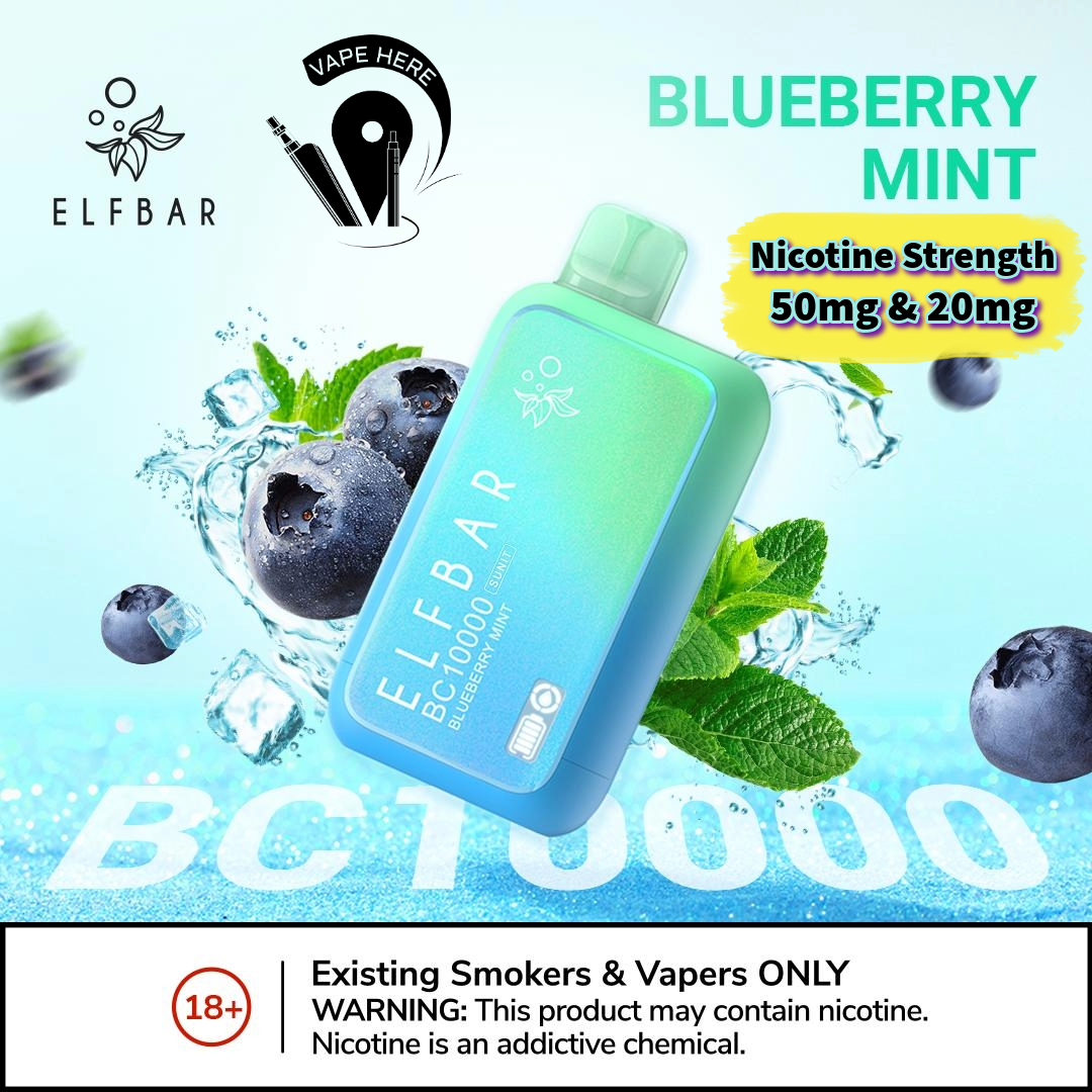 ELF BAR BC10000 PUFFS DISPOSABLE VAPE Blueberry Mint 50mg & 20mg UAE Abu Dhabi