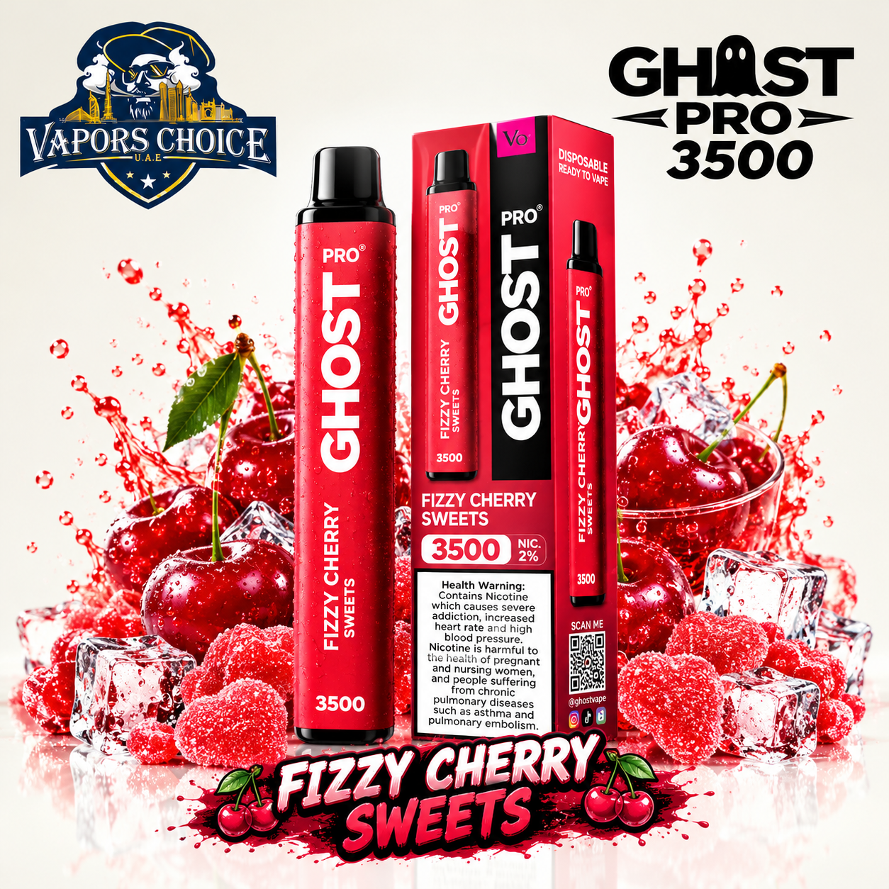 GHOST PRO 3500 PUFFS - DISPOSABLE VAPE (20mg) & Fizzy Cherry Sweets & UAE & Umm Al Quwain