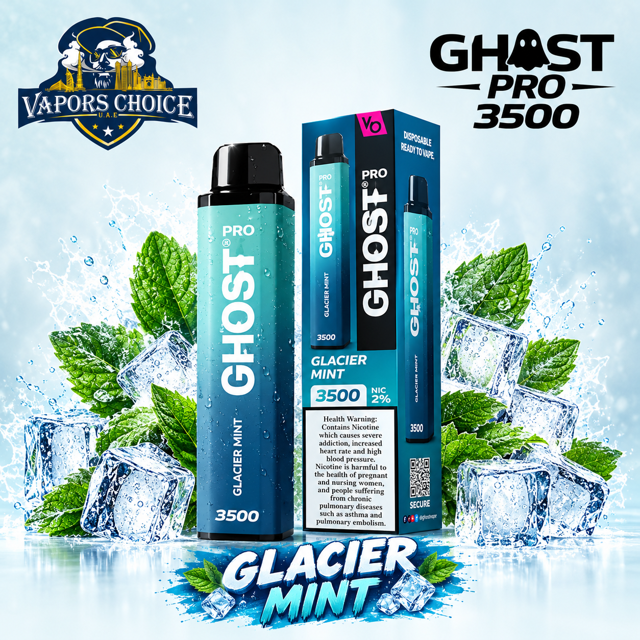 Glacir Mint GHOST PRO 3500 PUFFS - DISPOSABLE VAPE (20mg) & Glacier Mint & UAE & Ras Al Khaimah