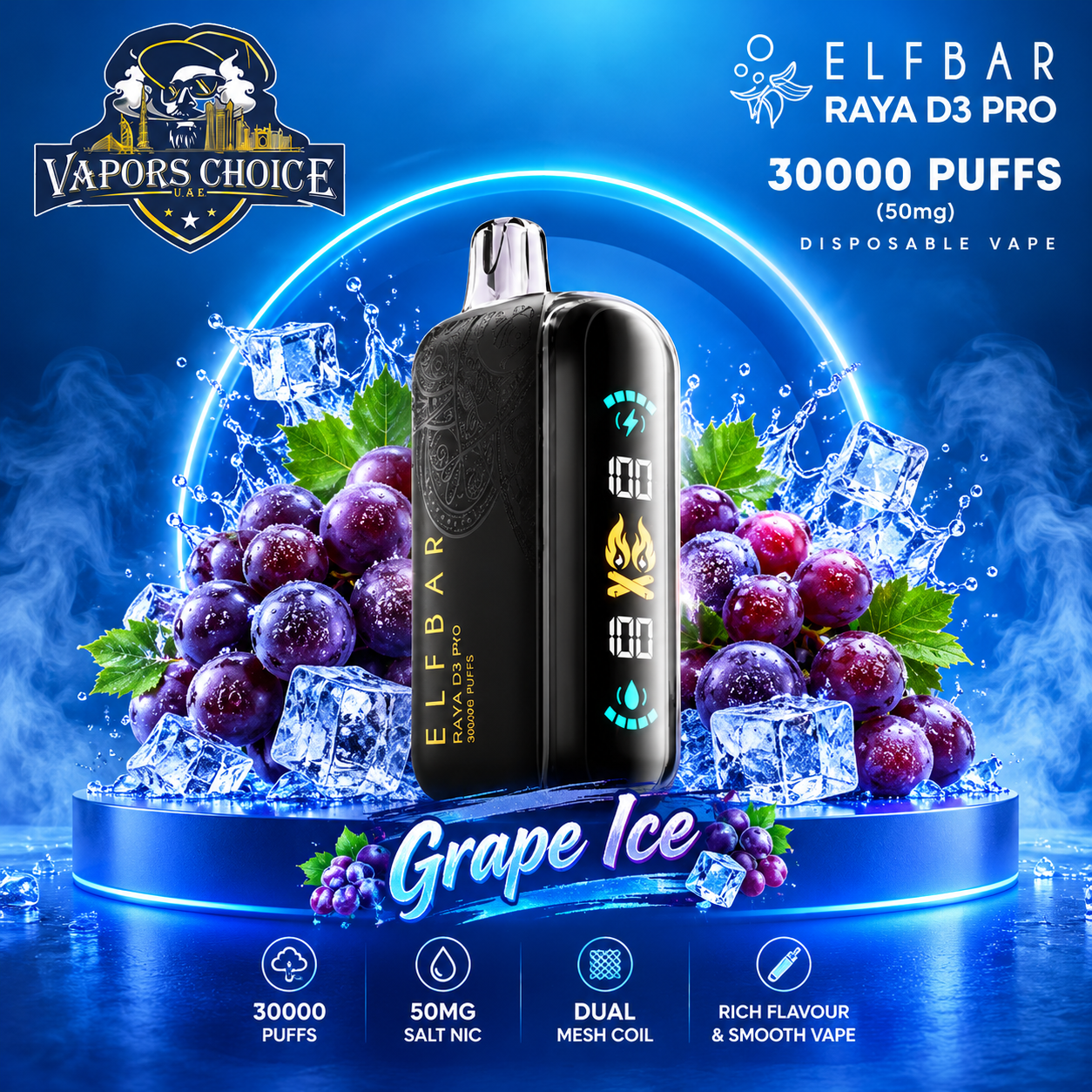ELF BAR RAYA D3 PRO 30000 Puffs Disposable Vape -30K-(50mg) & Grape Ice & UAE & Fujairah