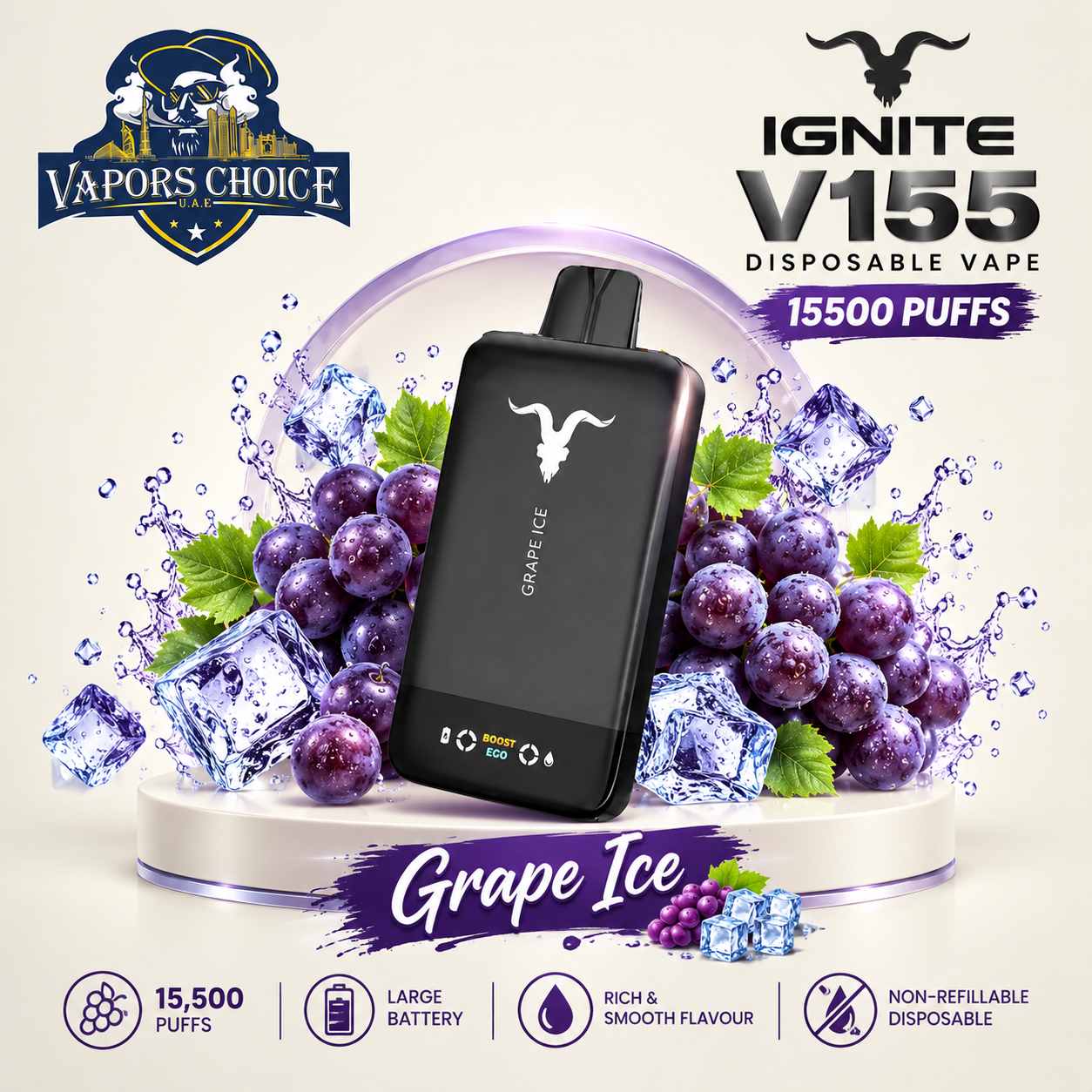 IGNITE V155 Disposable Vape 15500 PUFFS & Grape Ice & UAE & Sharjah