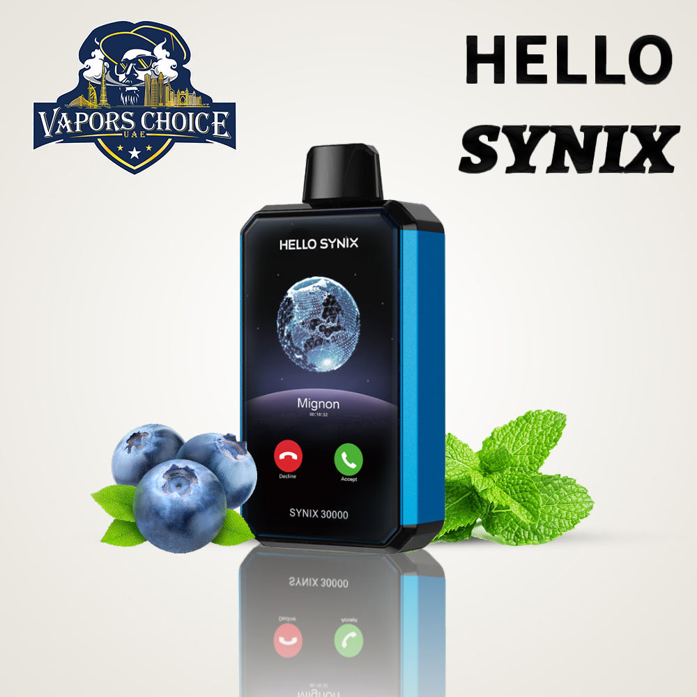 HELLO SYNIX 30000 PUFFS (50mg) SMARTPHONE DISPOSABLE VAPE AI CHAT & DISPLAY Blueberry Mint  UAE Ras Al Khaimah 