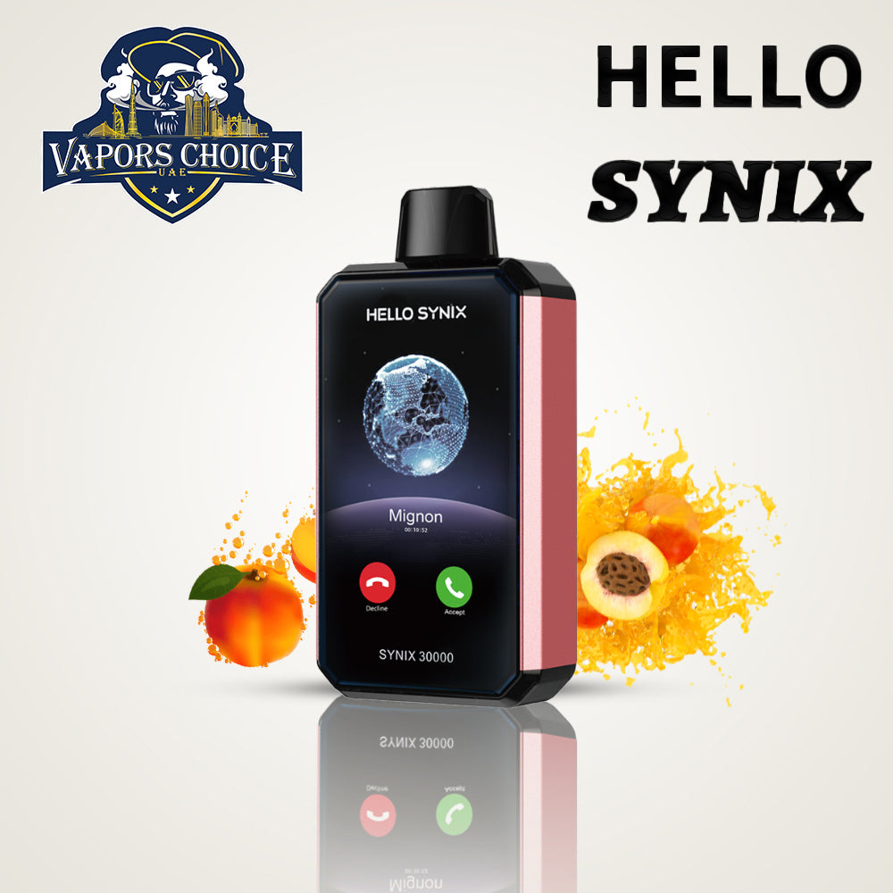 HELLO SYNIX 30000 PUFFS (50mg) SMARTPHONE DISPOSABLE VAPE AI CHAT & DISPLAY Juice Peach UAE Dubai