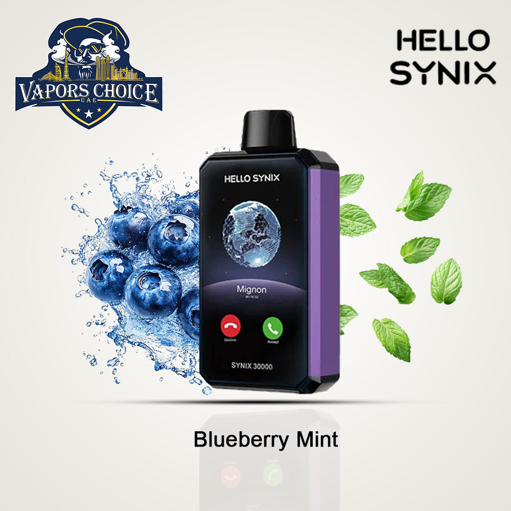 HELLO SYNIX 30K PUFFS (50mg) SMARTPHONE DISPOSABLE VAPE AI CHAT&DISPLAY Blueberry Mint UAE Abu Dhabi