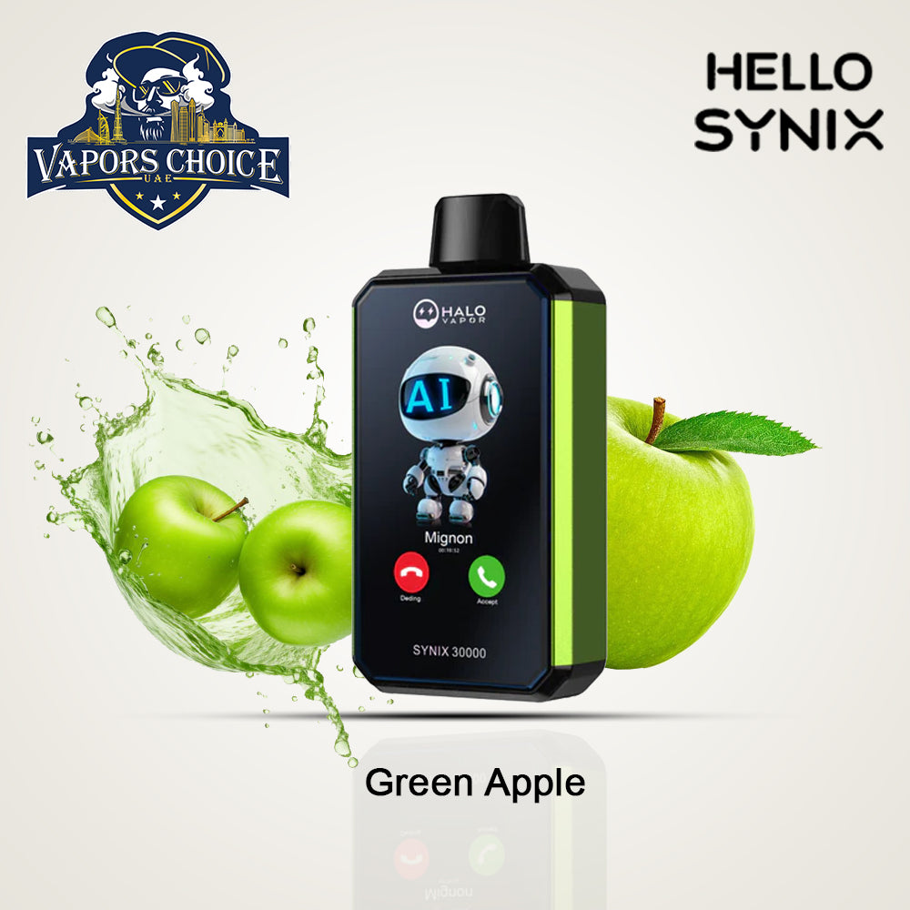 HELLO SYNIX 30K PUFFS (50mg) SMARTPHONE DISPOSABLE VAPE AI CHAT&DISPLAY Green Apple UAE Abu Dhabi