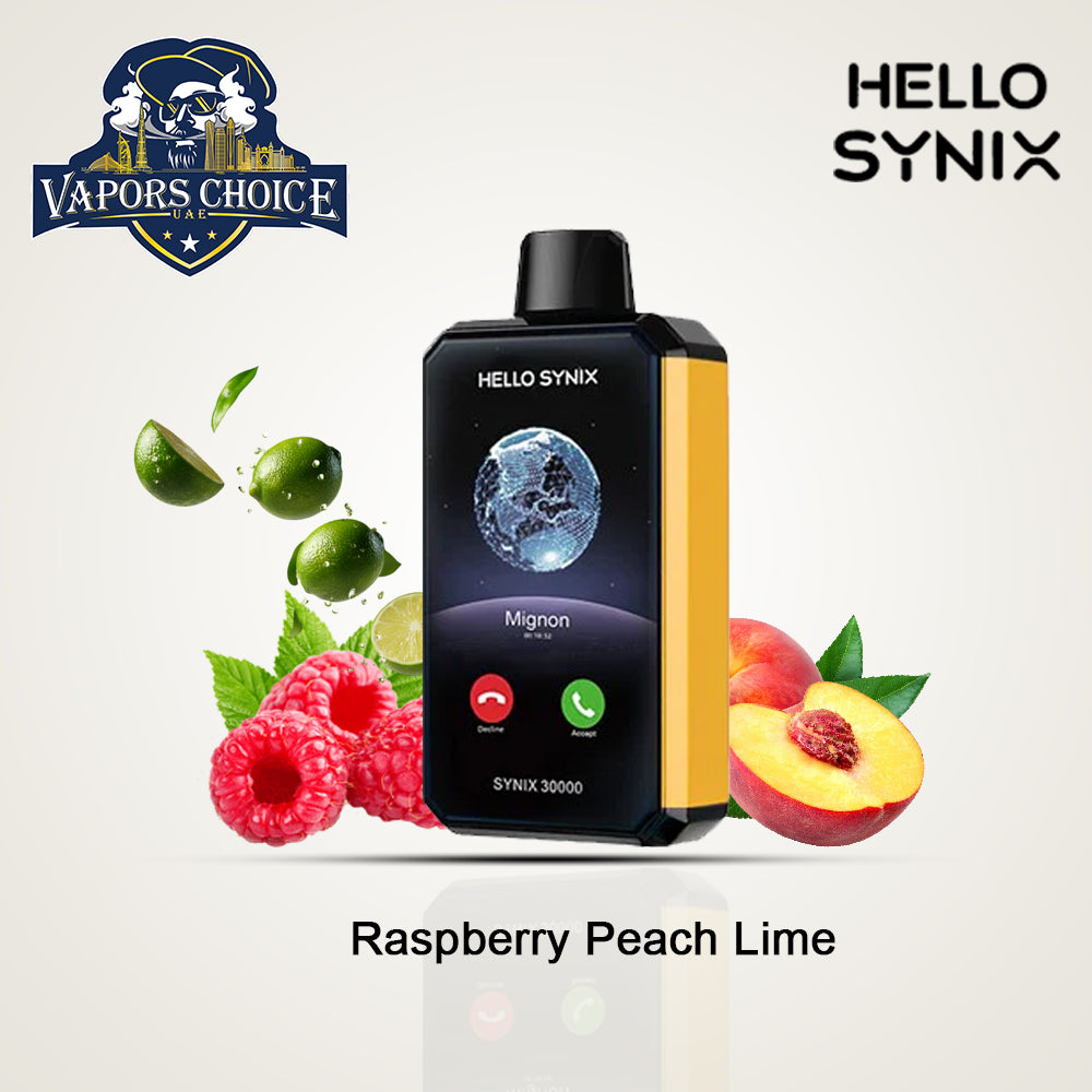 HELLO SYNIX 30K PUFFS (50mg) SMARTPHONE DISPOSABLE VAPE AI CHAT&DISPLAY Raspberry Peach Lime UAE Abu Dhabi