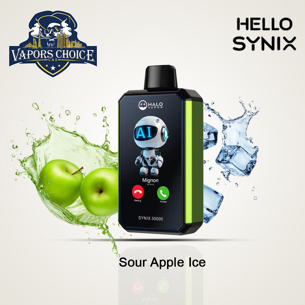 HELLO SYNIX 30K PUFFS (50mg) SMARTPHONE DISPOSABLE VAPE AI CHAT&DISPLAY Sour Apple Ice UAE Dubai