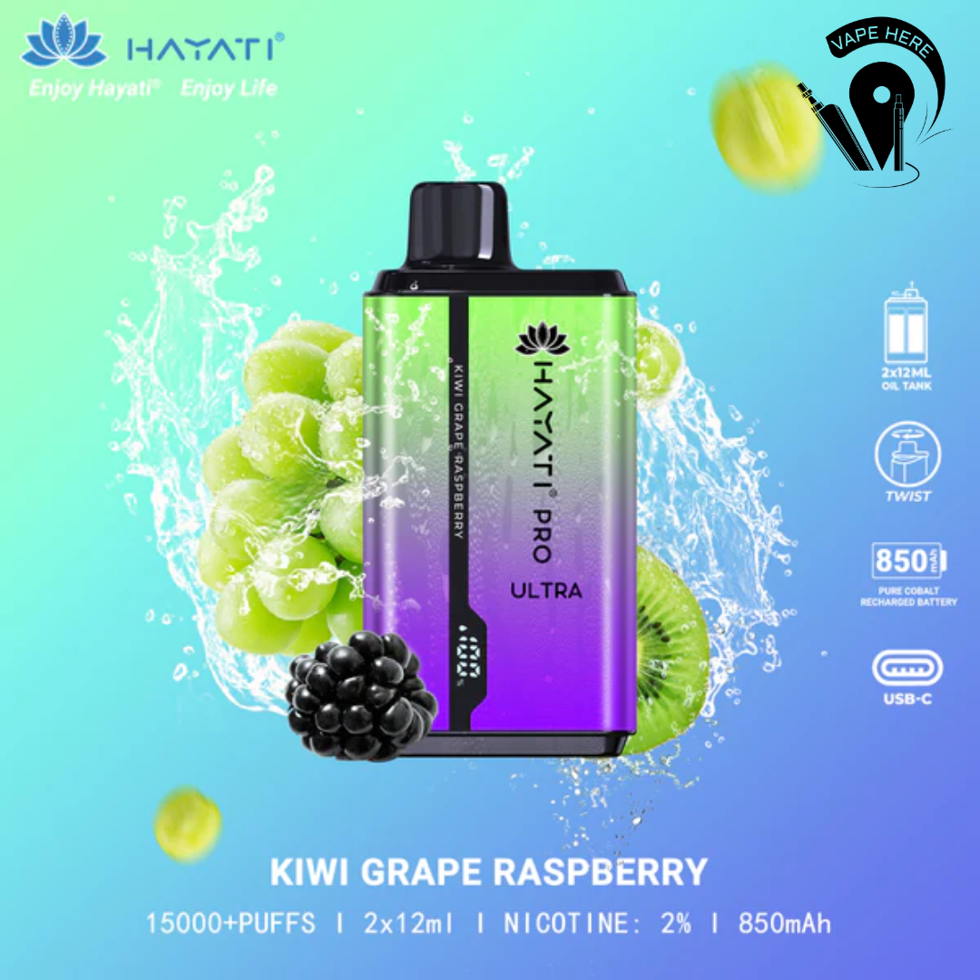 Hayati Pro Ultra 15000 Puffs Disposable Vape 20mg Kiwi Grape Raspberry UAE Al Ain