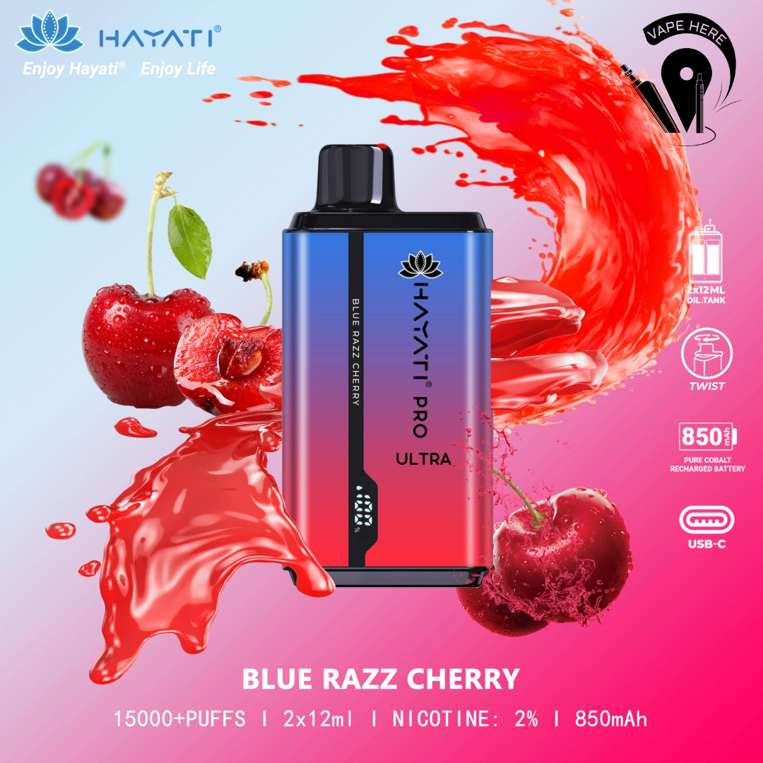 Hayati Pro Ultra 15000 Puffs Disposable Vape 20mg Blue Razz Cherry UAE Fujairah