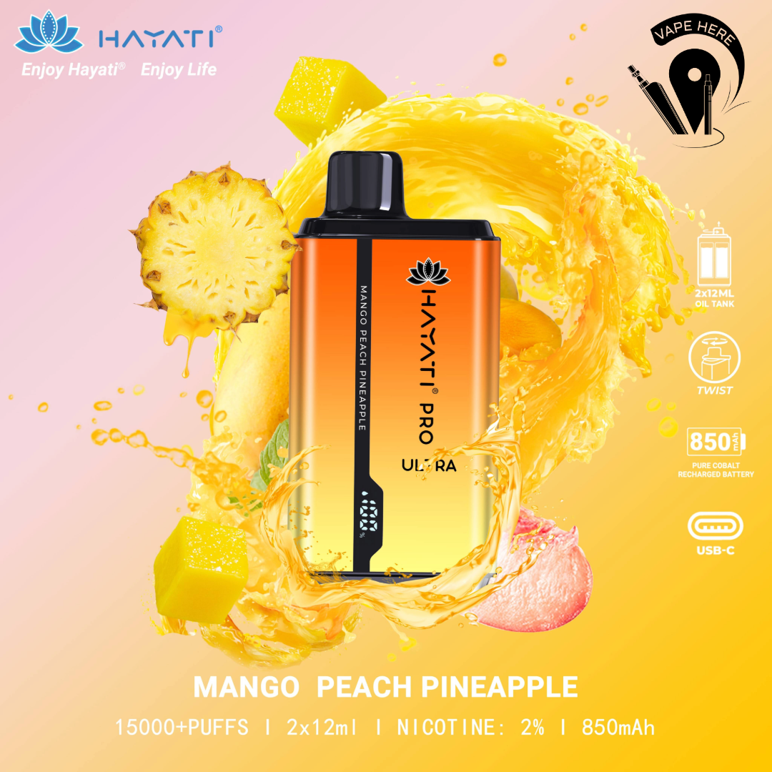 Hayati Pro Ultra 15000 Puffs Disposable Vape 20mg Mango Peach Pineapple UAE Sharjah