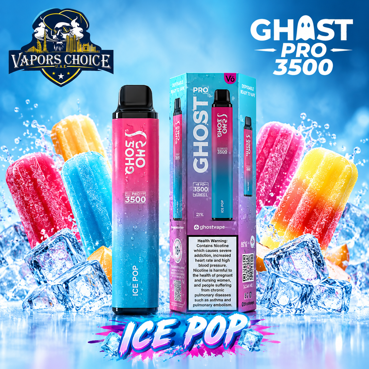 GHOST PRO 3500 PUFFS - DISPOSABLE VAPE (20mg) & Ice Pop  & UAE & Sharjah