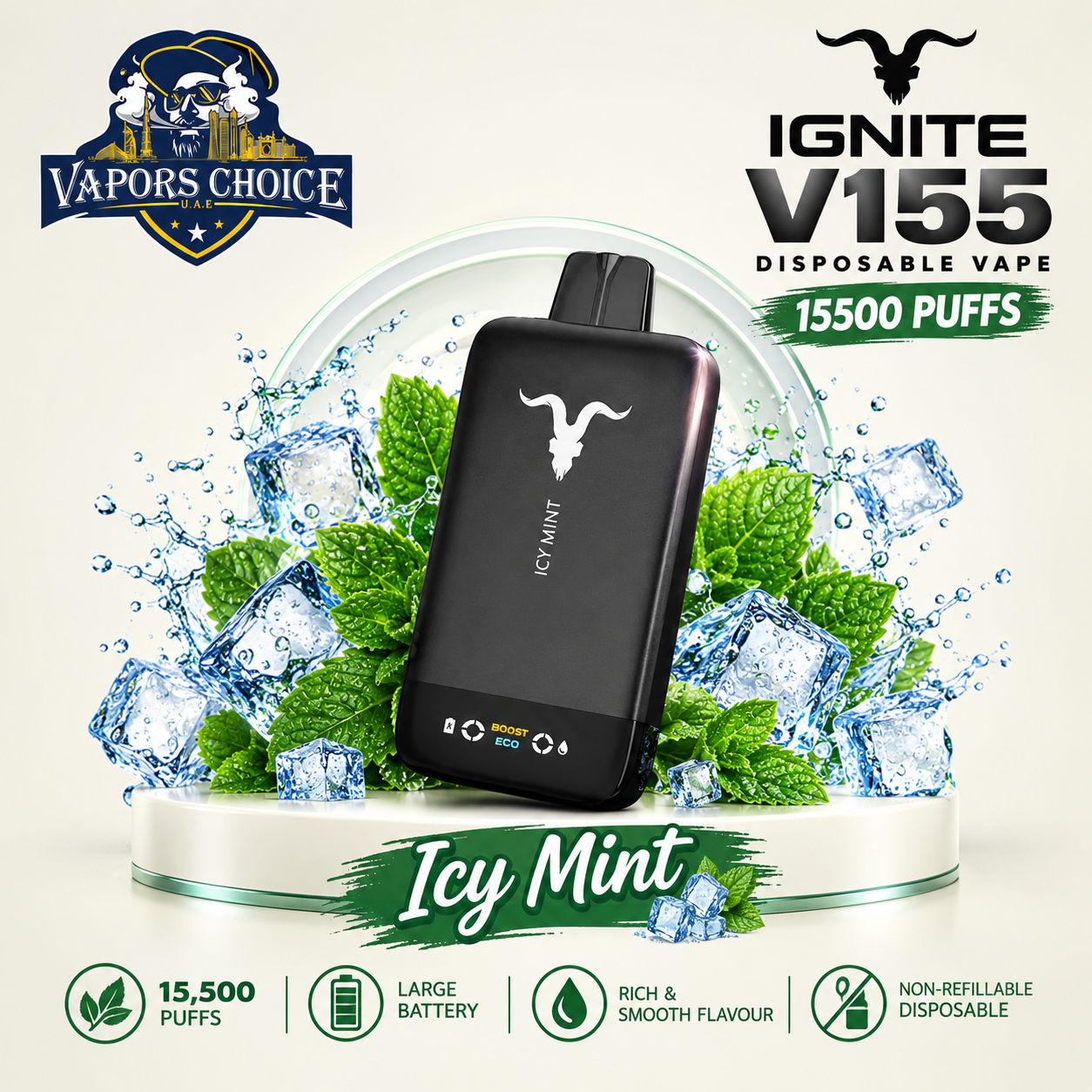 IGNITE V155 Disposable Vape 15500 PUFFS & Icy Mint & UAE & Ajman
