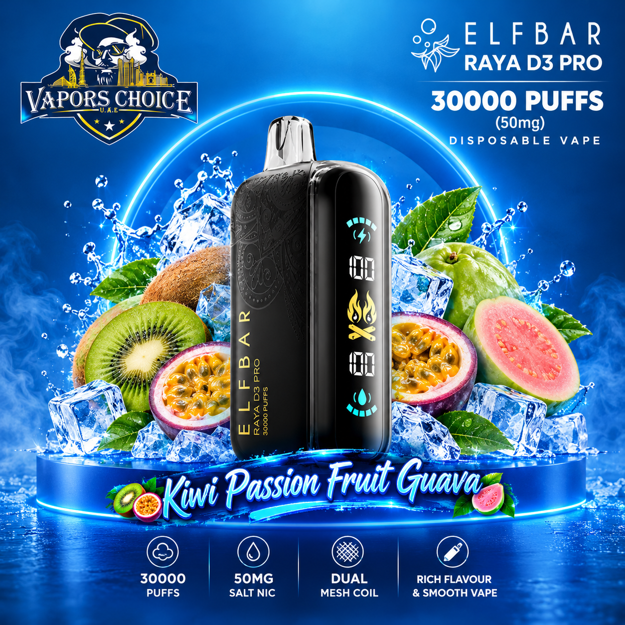 ELF BAR RAYA D3 PRO 30000 Puffs Disposable Vape -30K-(50mg) & Kiwi Passion Fruit Guava & UAE & Dubai