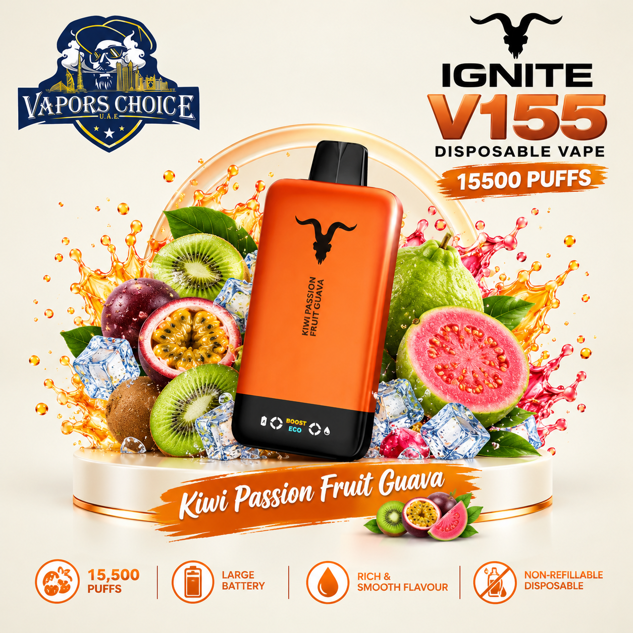 IGNITE V155 Disposable Vape 15500 PUFFS & Kiwi Passion Fruit Guava & UAE & Umm Al Quwain