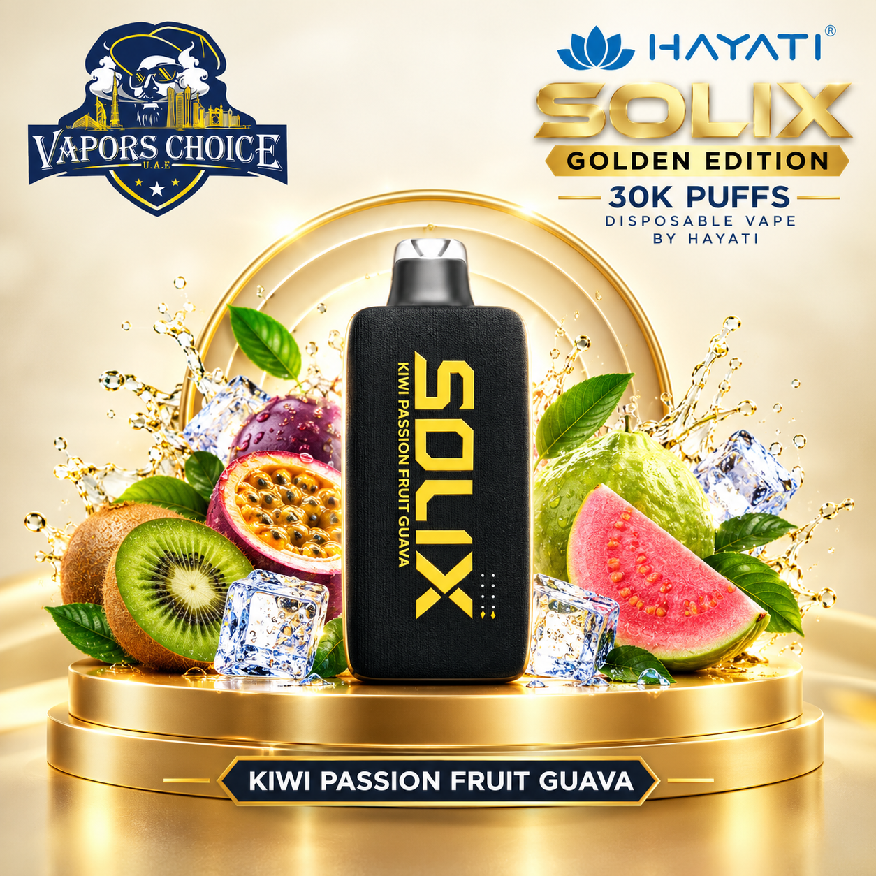 SOLIX Golden Edition 30K Puffs Disposable Vape By Hayati 20mg & Kiwi Passion Fruit Guava & UAE & Ras Al Khaimah