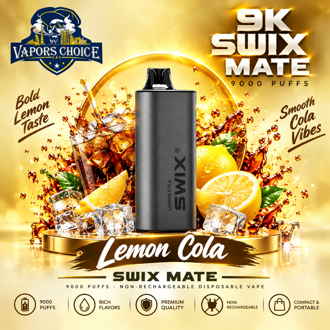 SWIX MATE 9K Puffs – Non-Rechargeable Disposable Vape & Lemon Cola & UAE & Ras Al Khaimah