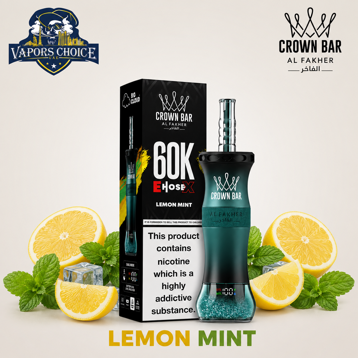 Al Fakher Crown Bar E-Hose X 60K Puffs Shisha Disposable Vape & Lemon Mint & UAE & Ras Al Khaimah