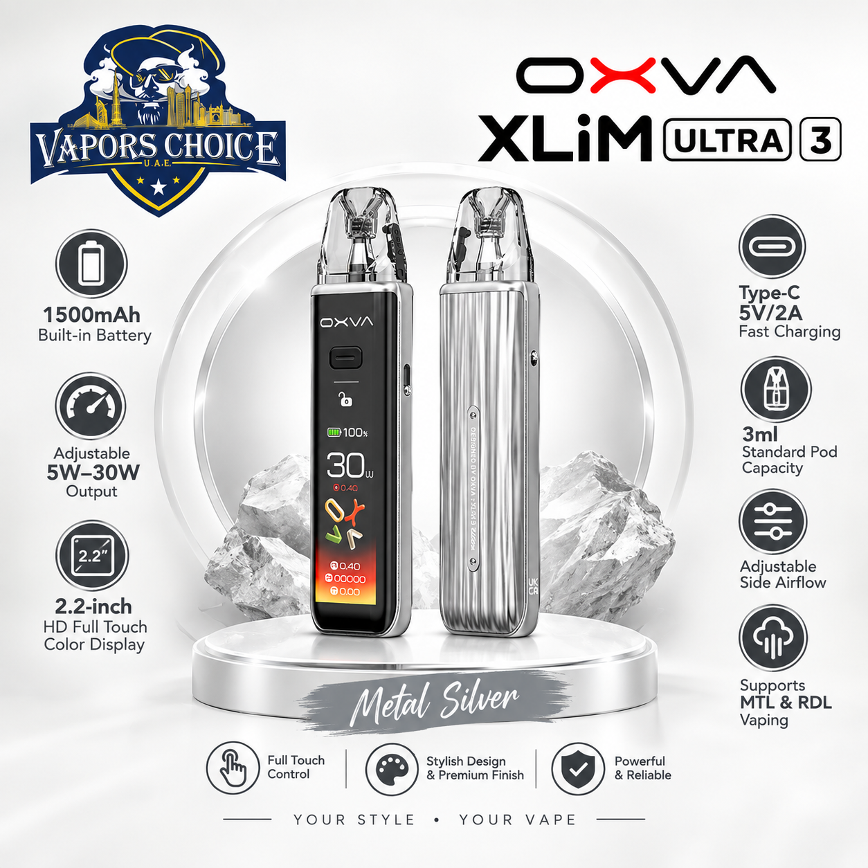 OXVA Xlim 3 Ultra Pod System 1500mAh & Metal Silver & UAE & Ajman
