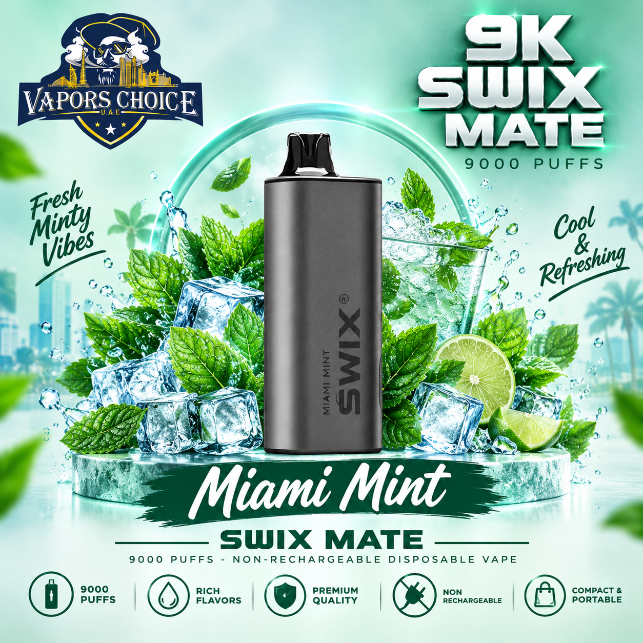 SWIX MATE 9K Puffs – Non-Rechargeable Disposable Vape & Miami Mint & UAE & Fujairah
