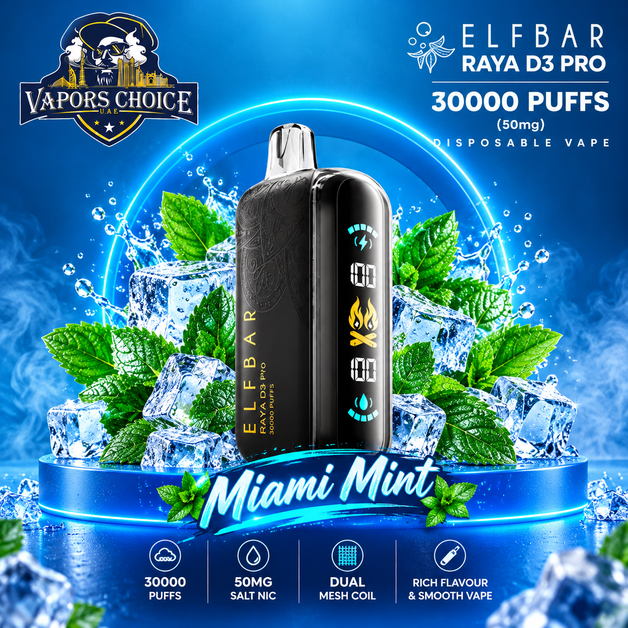 ELF BAR RAYA D3 PRO 30000 Puffs Disposable Vape -30K-(50mg) & Miami Mint & UAE & Sharjah