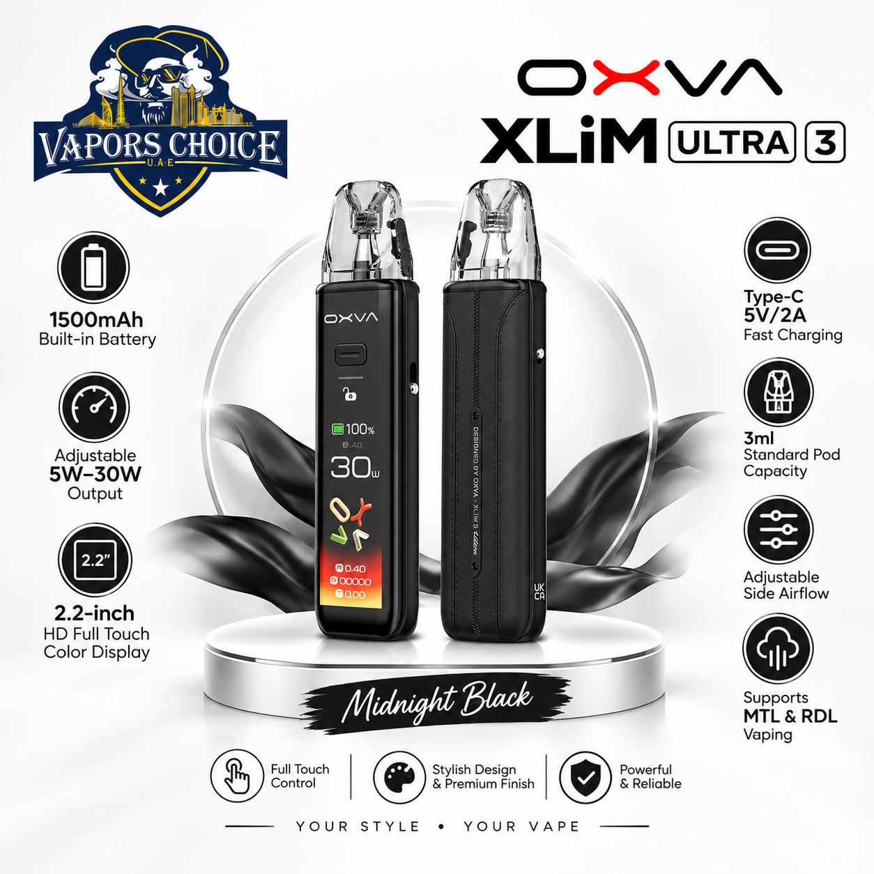 OXVA Xlim 3 Ultra Pod System 1500mAh & Midnight Black & UAE & Umm Al Quwain