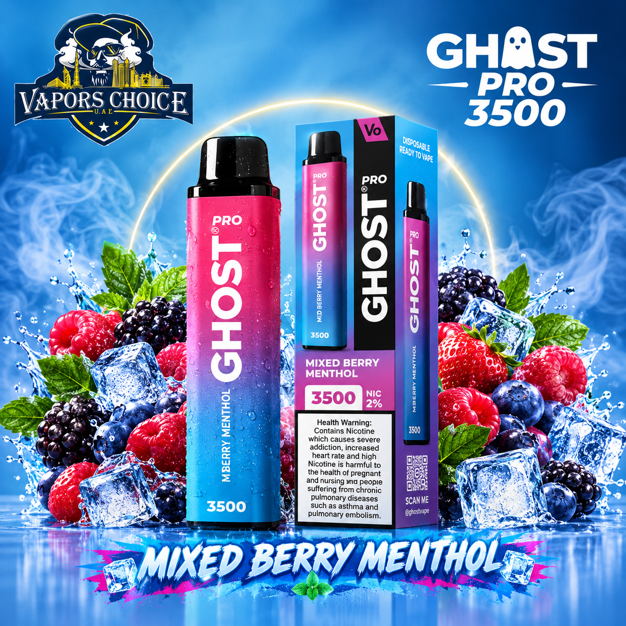 GHOST PRO 3500 PUFFS - DISPOSABLE VAPE (20mg) & Mixed Berry Menthol & UAE & Fujairah