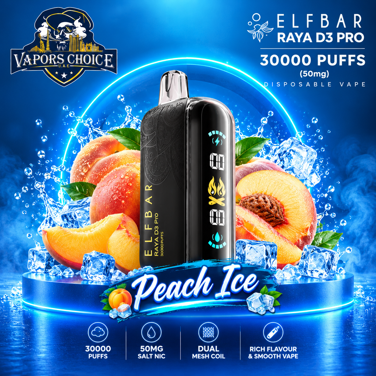 ELF BAR RAYA D3 PRO 30000 Puffs Disposable Vape (50mg)  & Peach Ice & UAE & Umm Al Quwain