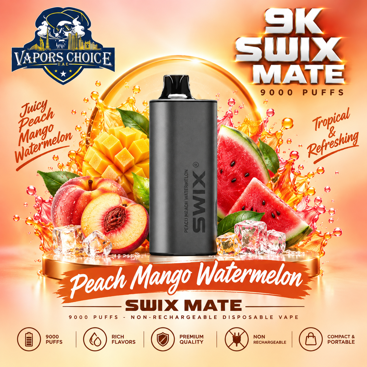SWIX MATE 9K Puffs – Non-Rechargeable Disposable Vape & Peach Mango Watermelon & UAE & Dubai