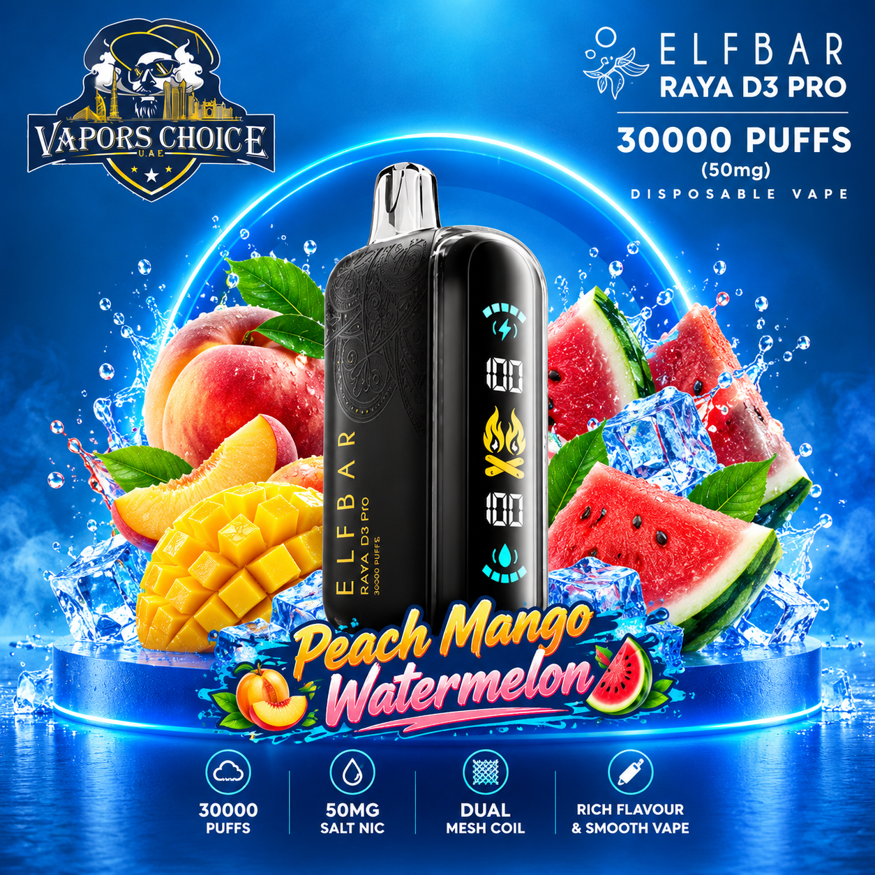 ELF BAR RAYA D3 PRO 30000 Puffs Disposable Vape (50mg) & Peach Mango Watermelon & UAE & Ajman