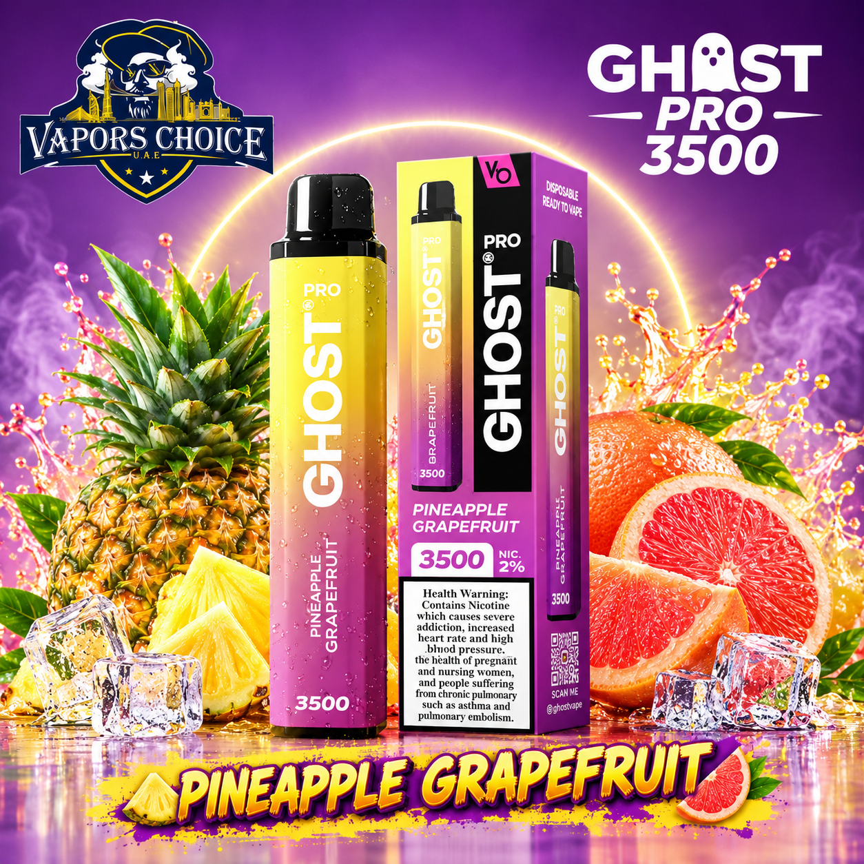 GHOST PRO 3500 PUFFS - DISPOSABLE VAPE (20mg) & Pineapple Grapefruit & UAE & Ajman