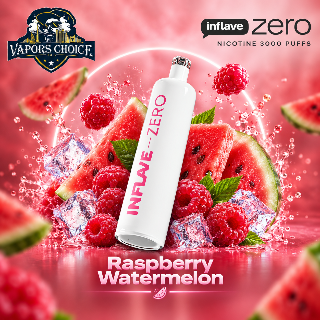 Inflave Zero Nicotine 3000 Puffs Disposable - Non-Rechargeable Battery & Raspberry Watermelon & UAE & Ras Al Khaimah