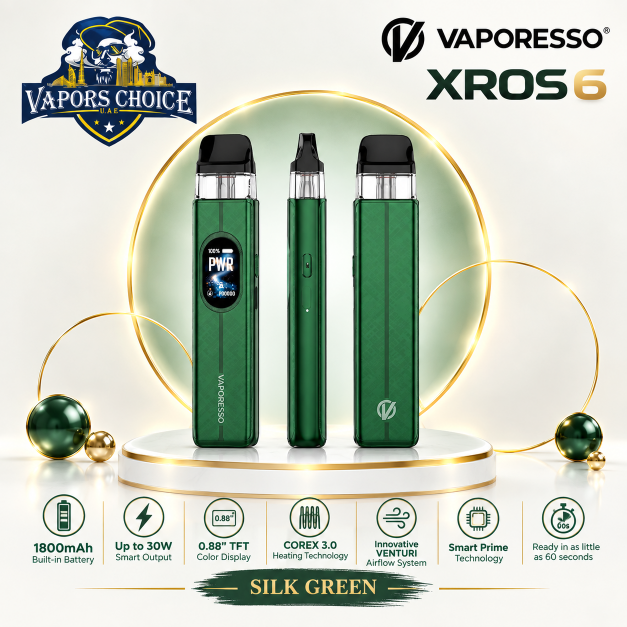 VAPORESSO XROS 6 30W 1800mAh Pod System & Slik Green & UAE & Ras Al Khaimah